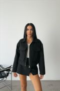 KAŞE CROP CEKET ÖNDEN FERMUARLI - Siyah resmi